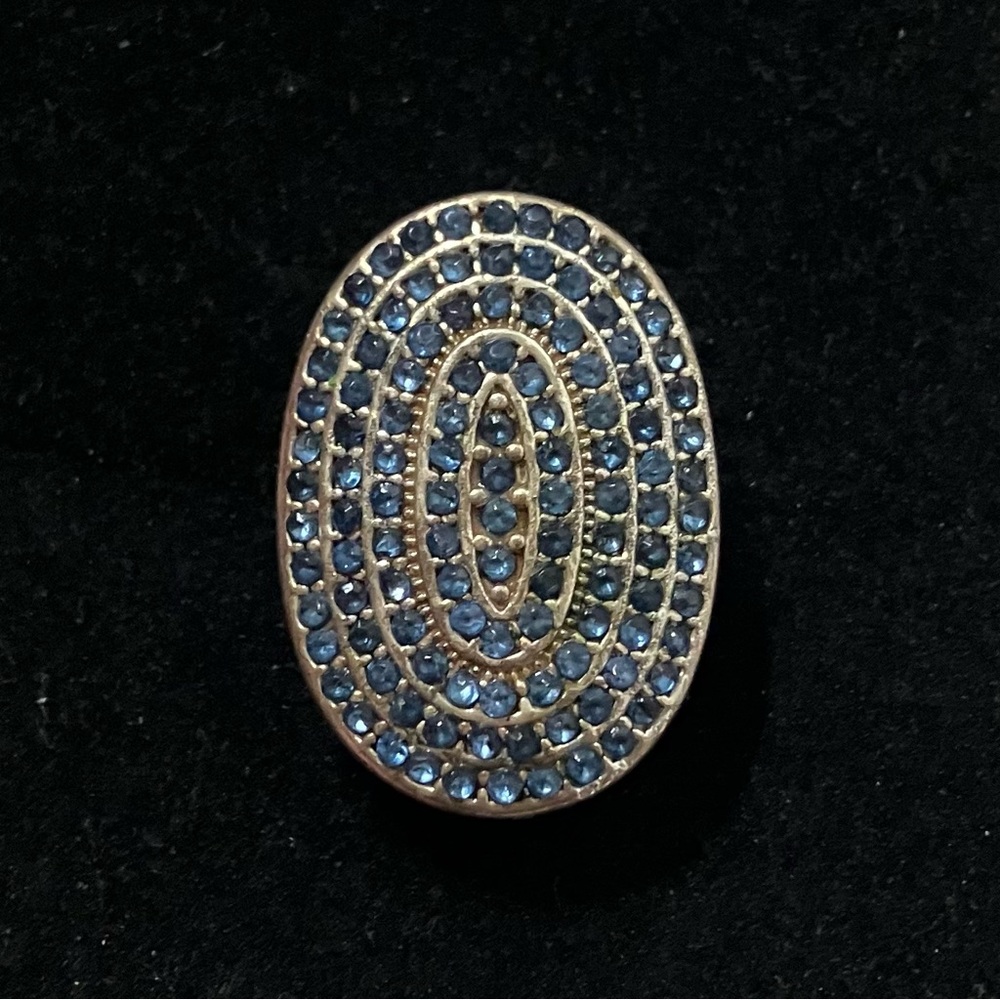 Blue Rhinestone Pave Oval Silver Tone Ring